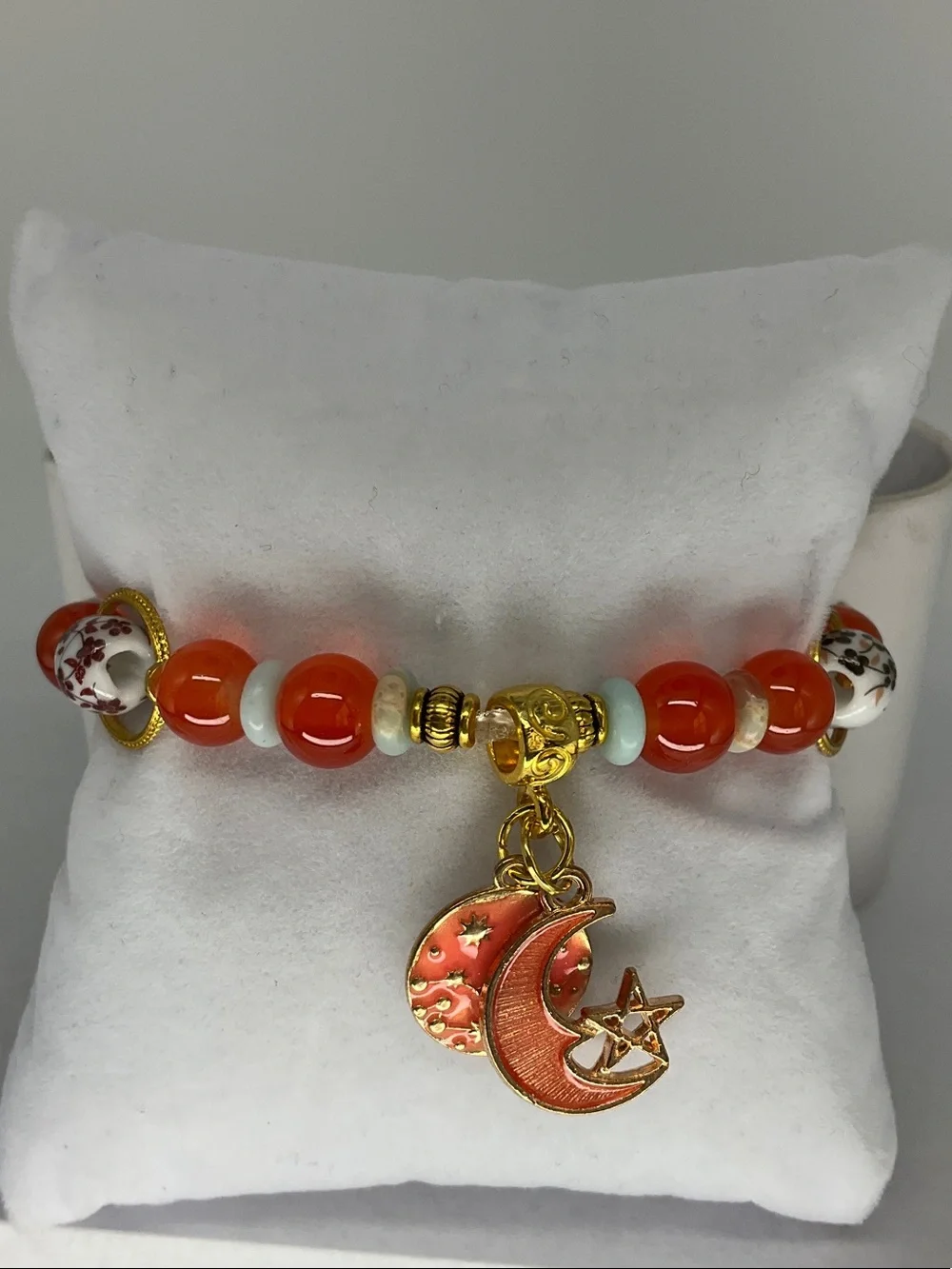 Gold Charm Crescent Moon & Star Orange Beaded Stretch Bracelet